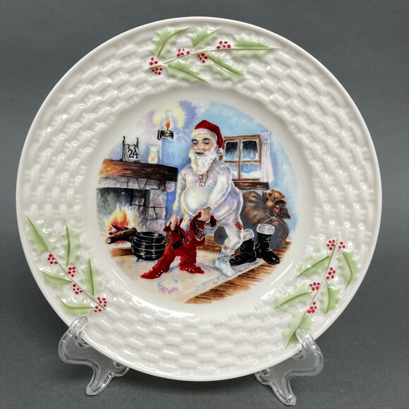 Belleek Salad Plate Enchanted Holly Berries Santa Christmas Basket Weave Border - Picture 1 of 5